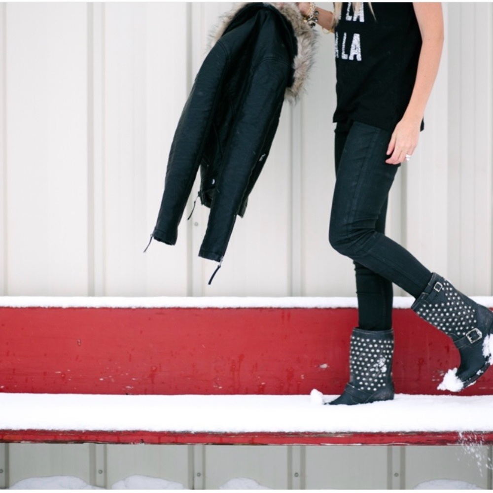 Frye Black Studded Leather Moto Disc Boots